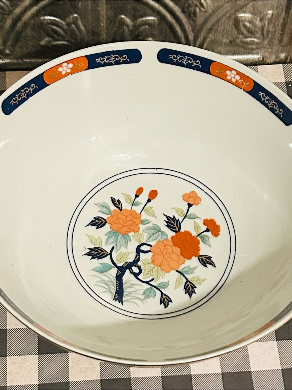 Floral Porcelain Serving Bowl in Orange and Navy